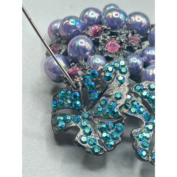 THELMA DEUTSCH Purple Pearls Grape Cluster Brooch Pin Borealis Aqua Rhinestones - Picture 9 of 11